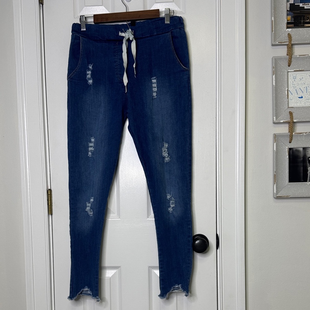 Venti6 Made in Italy Distressed Denim Jogger Jeans One Size | Pull-On Raw Hem - Picture 2 of 8